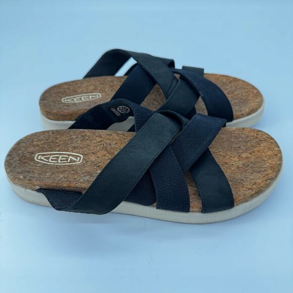 EUC Keen Elle Mixed Slide Sandal Black Leather Birch 9 Womens - Picture 2 of 7